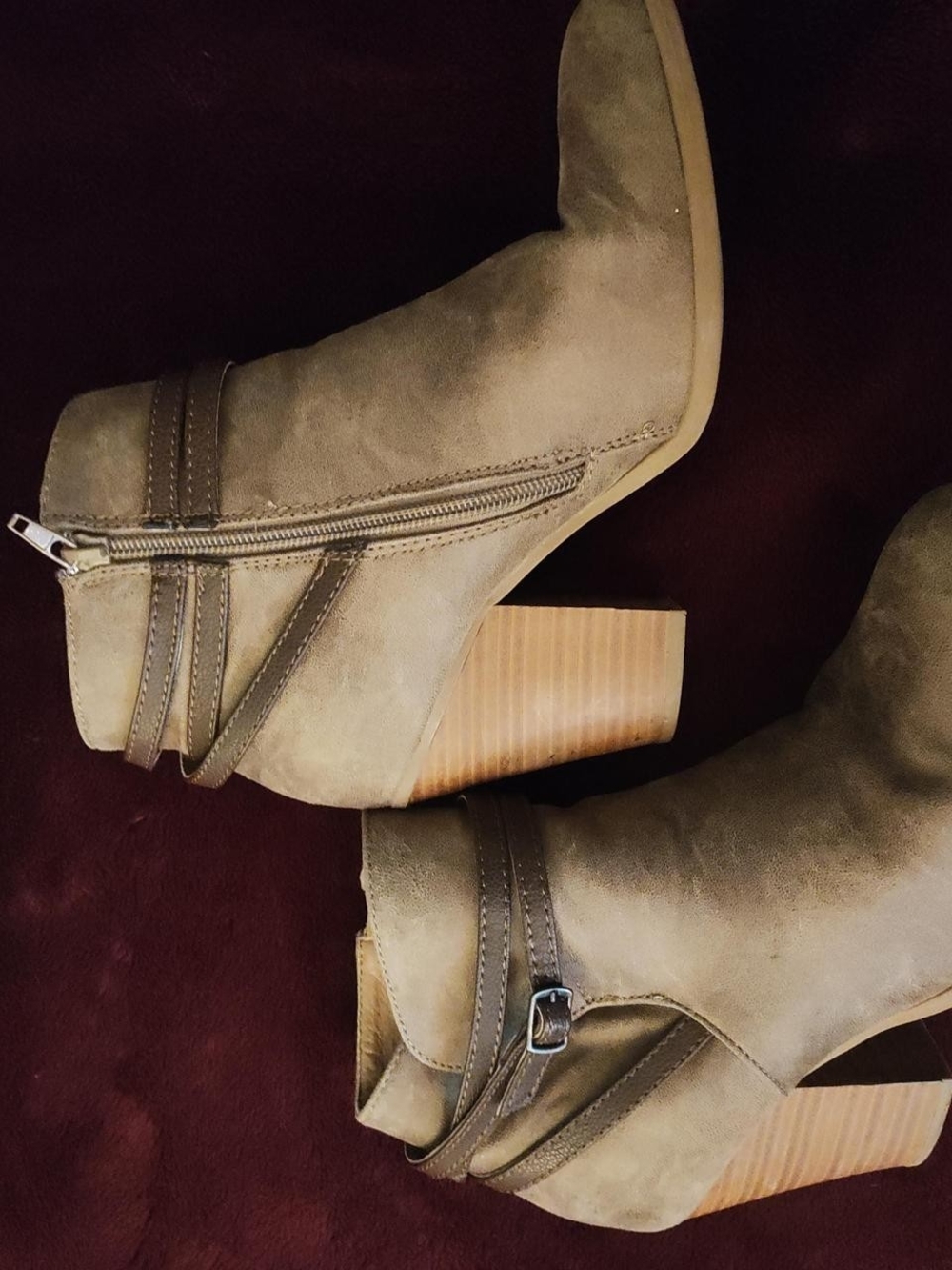 Shoe Dazzle Taupe Suede-Look Ankle Booties with Stacked Heel